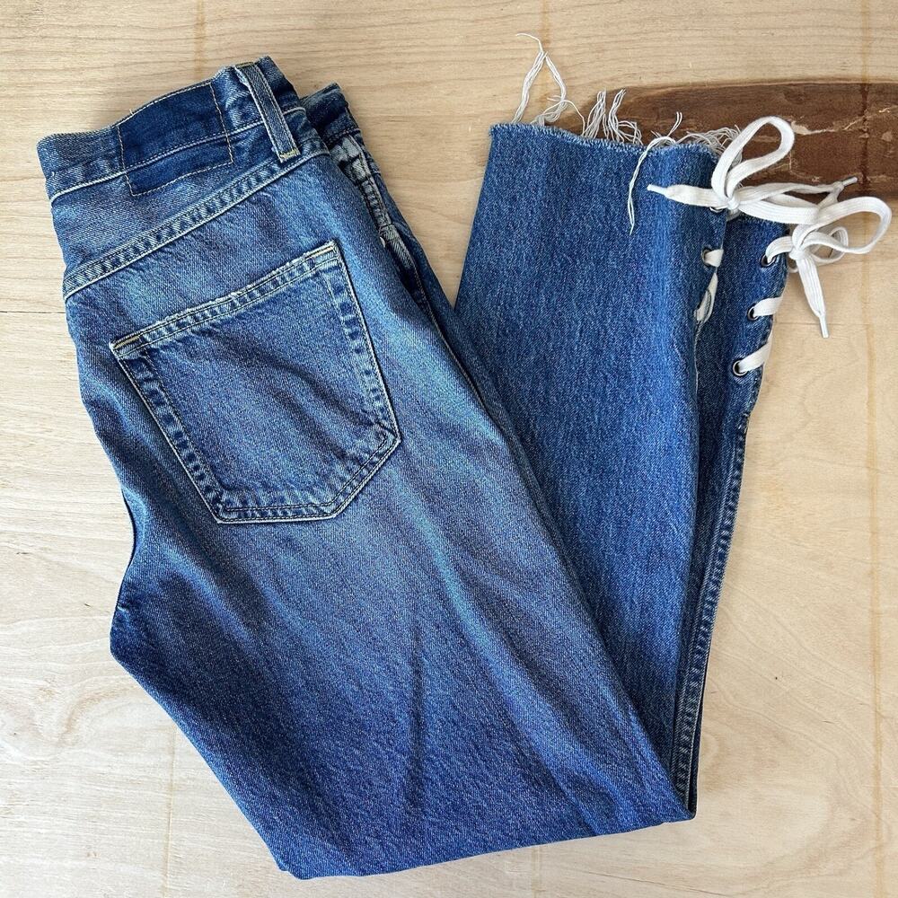AMO Babe in Love Note Lace Up Denim Blue Jeans High Rise Women’s 28x26